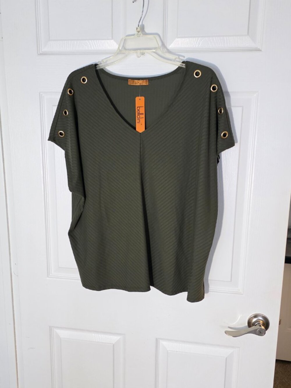 Belldini Olive green ribbed knit top with gold shoulder sudd, polyester and span